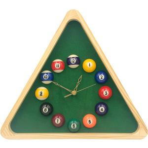 Yuanhe Billiards Pool Ball Clock - 14Inch Triangle Pool Table Cool Wall Clock with Solid Wood Frame,Great for Billiards Room,Pool Room,Game Room,Bar