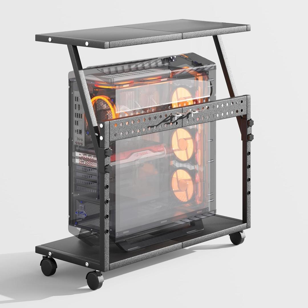 24In Large PC Stand, 5 Levels Height Adjustable Computer Tower Stand with Wheels and Hooks, CPU Holder Cart for Floor, Carpet and Under Desk, Easy AssemblyNOT Including Power Strips (Black)