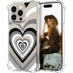 Hungo Compatible for iPhone 15 Pro Case Cute Clear with Design, Girly for Women Girls Transparent Black Grey Hearts