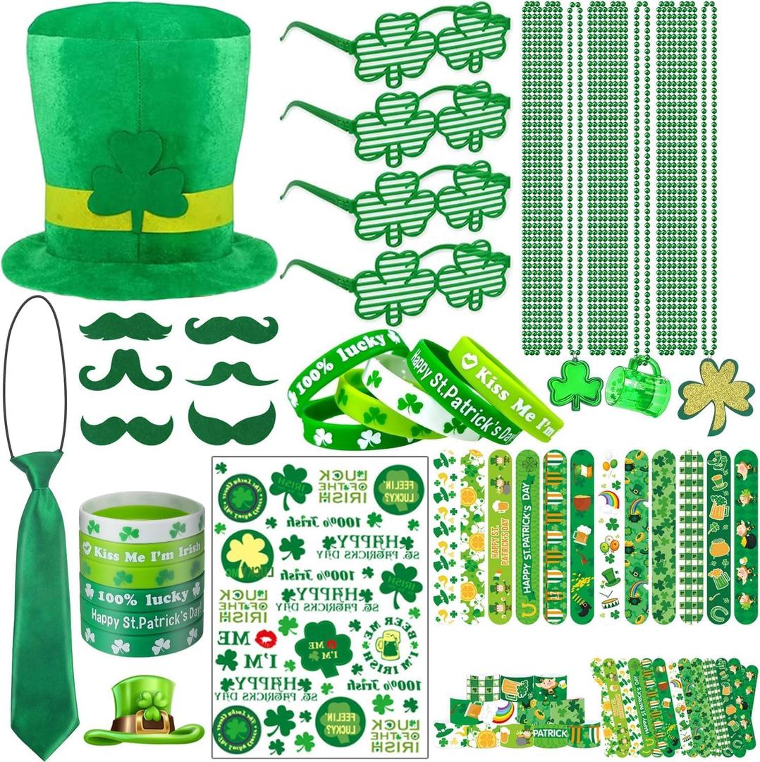 St Patricks Day Accessories for Women St Pattys Accessories Decorations Party Favor Packs Bulk Hat Tie Green Beard Tattoo Stickers Glasses Necklace Beads Slap Bracelets