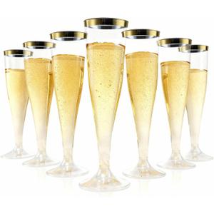 Bestluck 100 Pack Champagne Flutes Plastic with Gold Rim, 4.5 oz Clear Plastic Disposable Stemware, Disposable Champagne Flutes for Party, Mimosa Bar, Wedding, Anniversary and Graduation