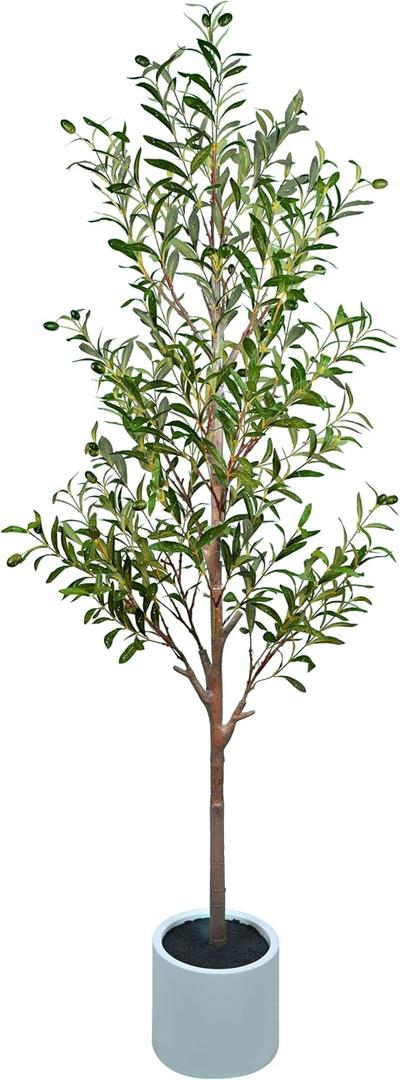 6FT Artificial Faux Olive Tree with Water Droplet for Indoor, Fake Silk Leaves, Green
