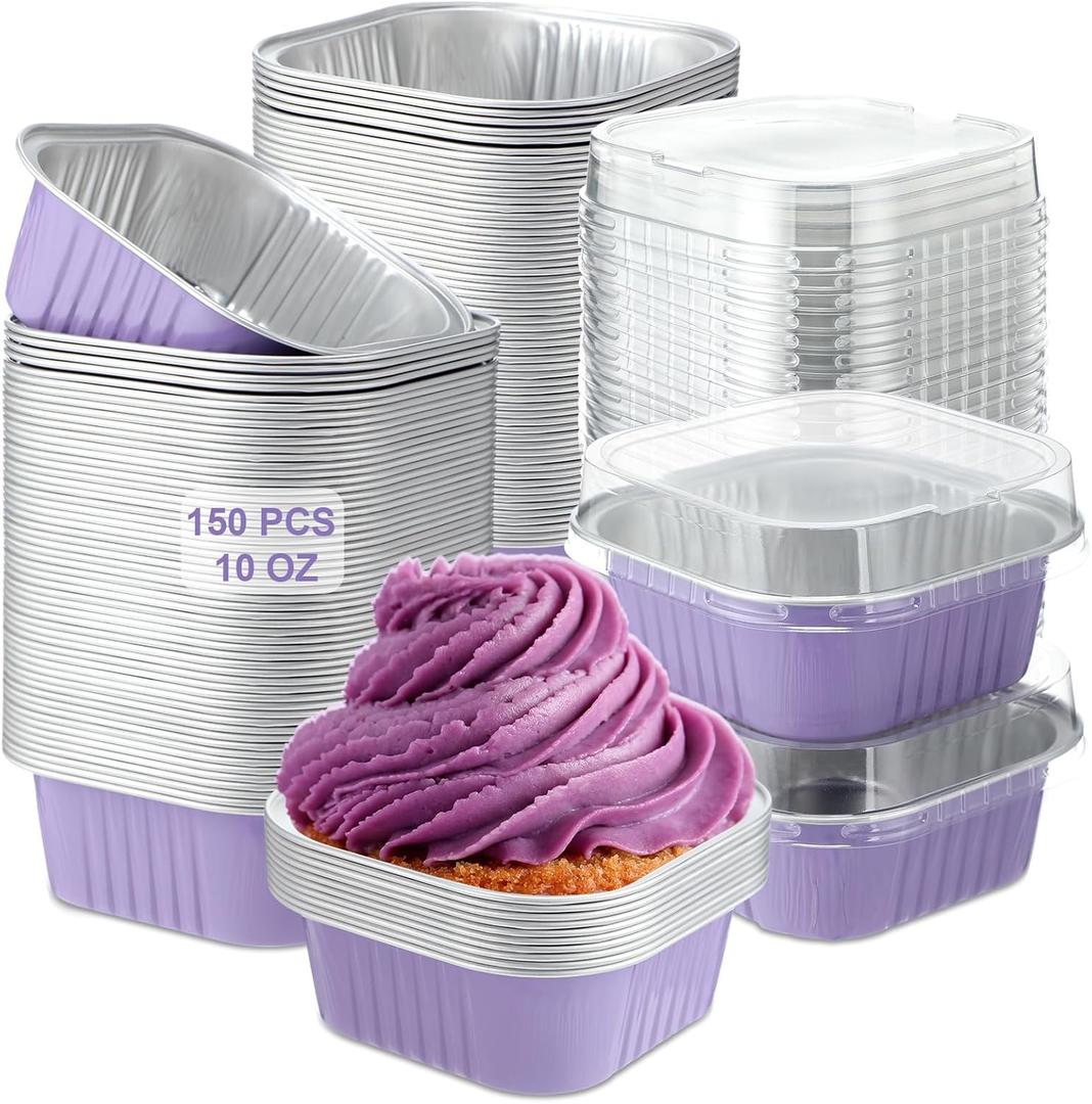Aoriher 150 Pcs 10 oz Square Mini Cake Pans with Lids Disposable Aluminum Foil Cupcake Pan Brownie Baking Cup, Ramekins Individual Tin Dessert Containers for Kitchen Pudding Holders(Taro Purple)