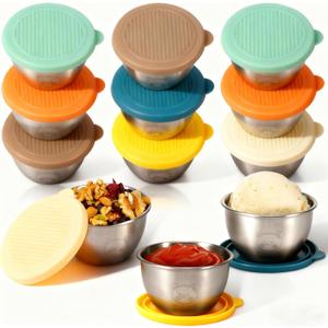 12pc Multicolor Salad Dressing Containers 1.69oz Small Salad Dressing Cups with Lids Stainless Steel Condiment Containers Reusable Sauce Containers for Kitchen Picnic Travel Meal Prep