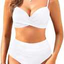 Aqua Eve Women Underwire Bikini High Waisted Bathing Suit Tummy Control Two Piece Swimsuit, XXL, White