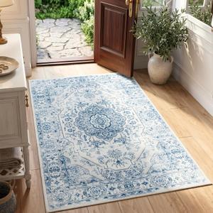 jinchan Area Rug 4x6 Medallion Floral Washable Rug Non Slip Vintage Thin Soft Carpet for Kitchen Bedroom Dining Room Living Room Distressed Blue