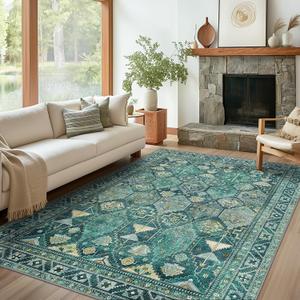 GENIMO 9x12 Area Rugs for Living Room, Machine Washable Low Pile Rugs, Non Slip Vintage Rug for Bedroom, Dining Room, Home Office, Kitchen, Peacock Green