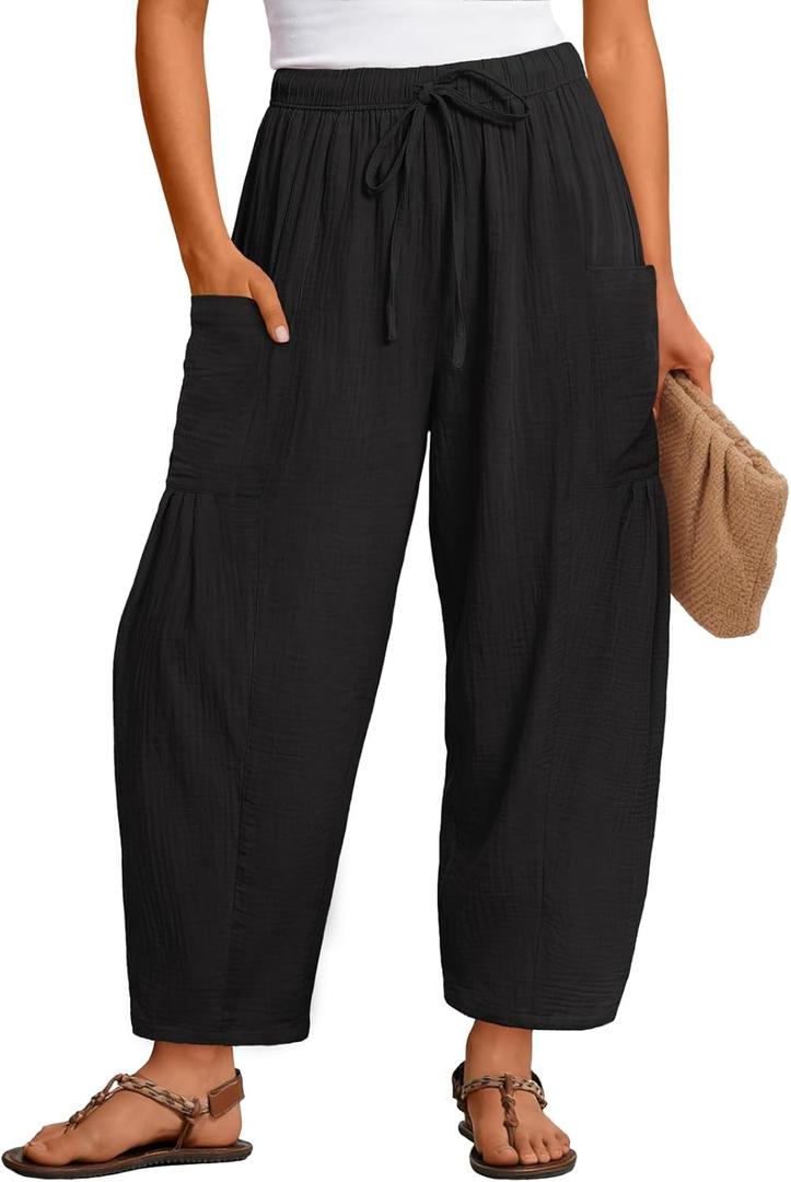 MEROKEETY Women's Linen Wide Leg Pants Summer 2026 Casual Loose Beach Vacation Baggy Palazzo Barrel Pant with Pockets, Large