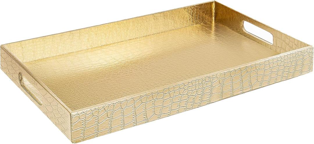 17.5"x12" Gold Glossy Crocodile Faux Leather Serving Tray Beautiful Modern Elegant Decorative Tray with Handles Ottoman Coffee Table Tray for All Occasion's