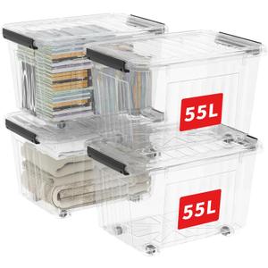 Cetomo 60Qt*4 Plastic Storage Bins, Storage Box, 4 Pack, Organizing Container with Wheels, Durable Lids and Secure Latching Buckles, Stackable and Nestable, Clear with Black Buckle