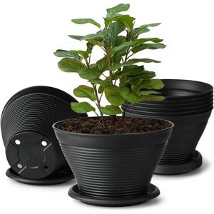 RooTrimmer 8 Inch Plastic Plant Pots with Saucers 8 Pack, Flower Pots with Drainage Holes, Sturdy Planter Pots for Indoor Outdoor, Modern Decorative Gardening Pots for Planting House Plants, Black