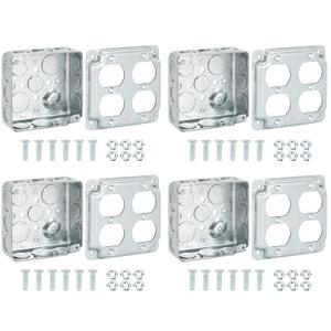 Four Set of 4x4 Electrical Box and Electrical Outlet Cover With 46 screws,2-Gang Duplex Receptacle Box,8*1/2''&4*3/4"in Side and 2*1/2''& 2*3/4" in Bottom Knockouts,Square Metal Electrical Box
