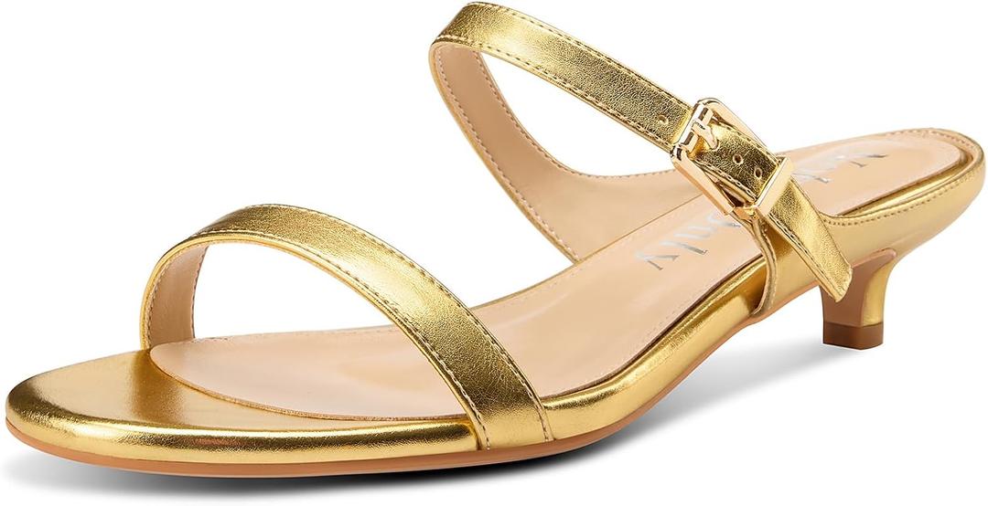 NobleOnly Two Strap Heeled Sandals for Women Kitten Heels Women Slip on Rounded Open Toe Sandals Dress Mules Sandals 1.4 Inches Heels