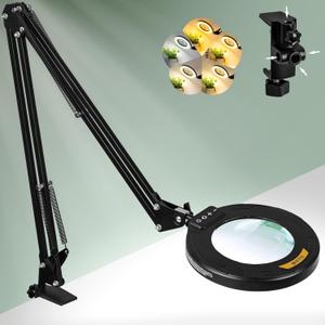 12X Long Swing Arm Magnifying Glass with Light and Stand, NUEYiO 4-Way Large Strong Metal Clamp Lighted Magnifier Lamp, 5 Color Modes LED Magnifying Lamp for Workbench, Crafting, Hobby (26.76inch Black)