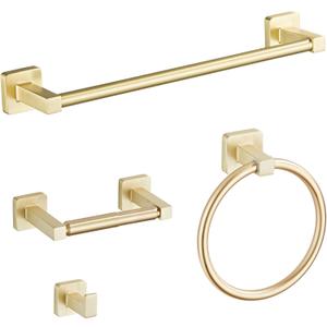 Brushed Gold Bathroom Hardware Set 4 Pieces,Towel Bar Set Stainless Steel Wall Mounted, Includes 16In Hand Towel Bar, Towel Ring, Robe Towel Hooks,Toilet Paper Holder, Bathroom Towel Rack Set