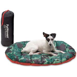 Furhaven Outdoor Travel Dog Bed for Small Dogs w/ Carry Bag, Washable & Foldable, Great for Crates & Kennels - Trail Pup Travel Pillow Mat w/ Stuff Sack Bag - Paprika/Camo-Paw, Small (32.0"L x 26.0"W x 2.0"Th)