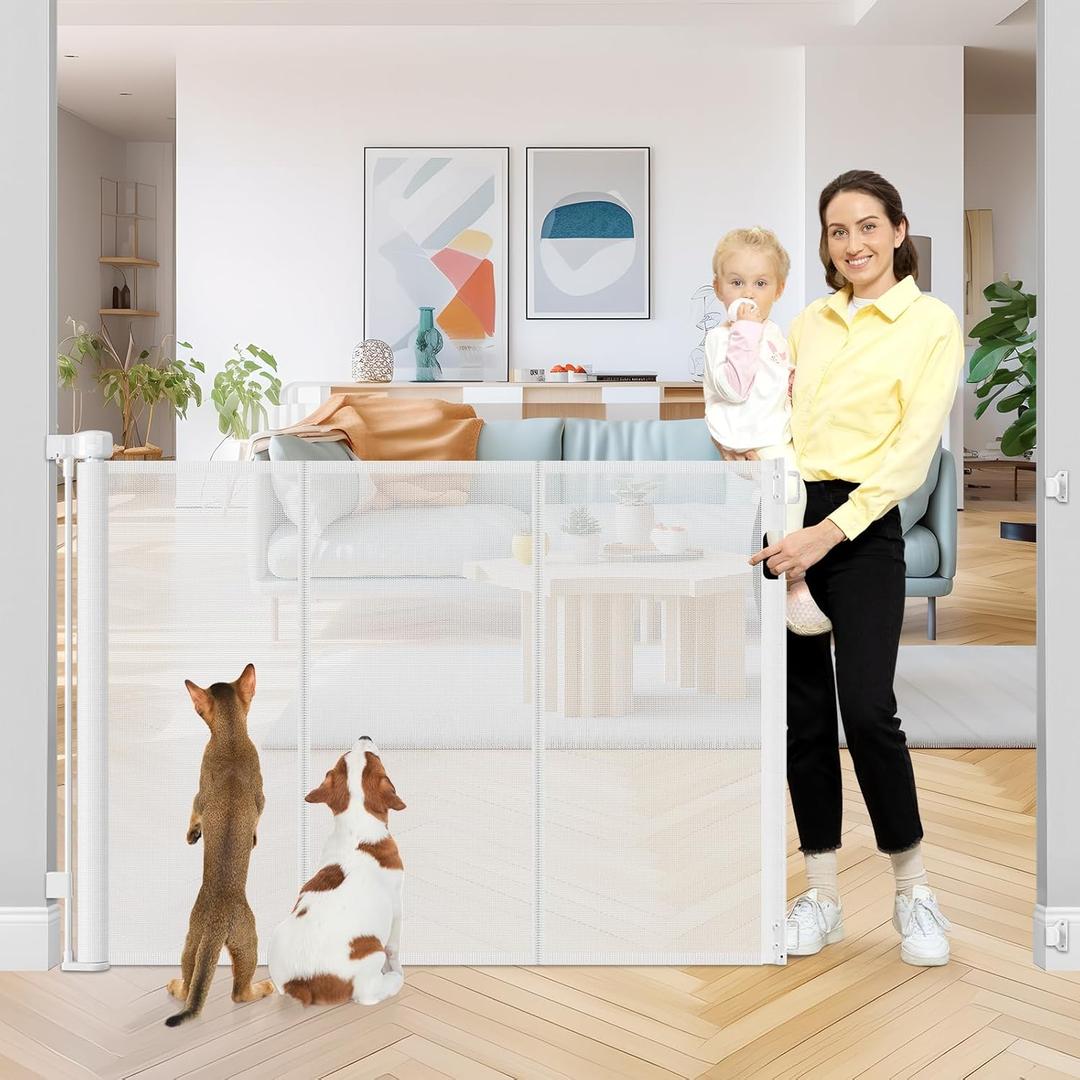 42 Inch Extra Tall Retractable Baby Gates with Reinforced Strips 55 Inch Wide Outdoor Retractable Dog Gate No Sag Extra Tall Baby Gate for Doorway Anti-Scratch Mesh Gates for Kids or Pets, White