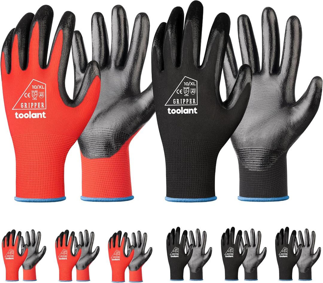 toolant Nitrile Coating Work Gloves for Men, Superior Oil Resistance, Safety Work Gloves with Grip, Touch Screen (X-Large, Red&black (6 Pairs))