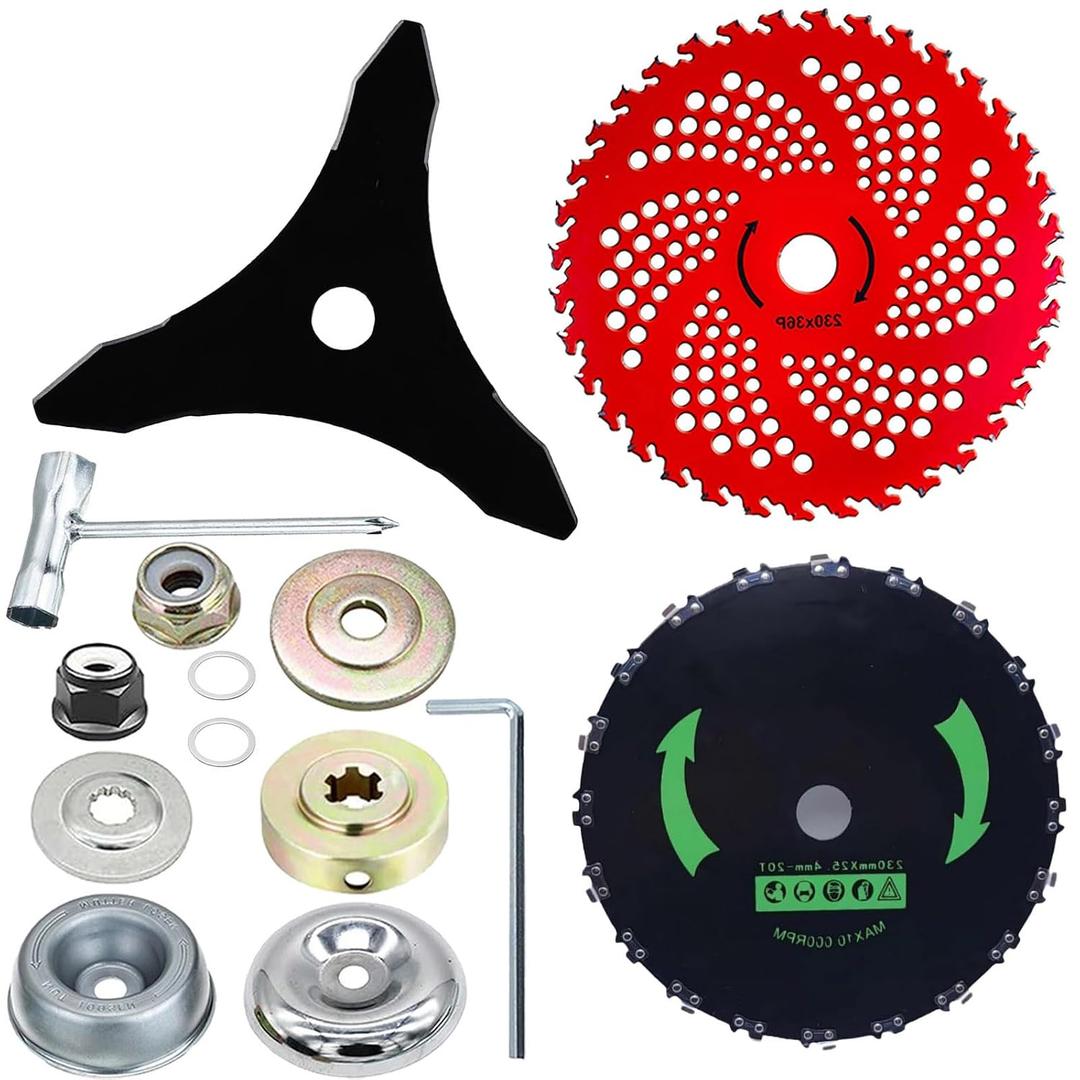 Brush Cutter Blade Set with Adapter Kit, 9" Chainsaw Tooth Cutter 20T, 9" Carbide Tipped 36 Teeth, 10" Carbon Steel 3 Teeth Blades with Files for Trimmer and Weed Eater