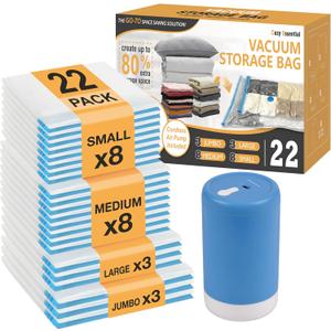 Cozy Essential Travel Vacuum Storage Bags with Rechargeable Cordless USB Pump, Space Saver Bags for Luggage, Suitcase, Carry-On, for Clothes, Blankets, Bedding & Seasonal Storage,22 Combo