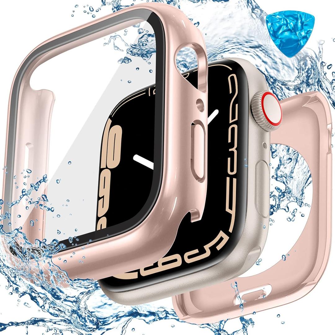 3 in 1 Goton Waterproof Hard Case for Apple Watch Screen Protector 44mm, 360 Slim Full Protective Tempered Glass Face Cover + Back Hard PC Bumper for iWatch SE 3/SE 2/SE, Series 6/5/4, 44mm Rosegold