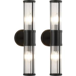 Wall Sconces Set of 2, Farmhouse Vanity Lights Fixtures for Bathroom, 2-Light Modern Bath Wall Mount Lamp with Glass Rods Shade for Hallway, Living Room, Mirror, Kitchen