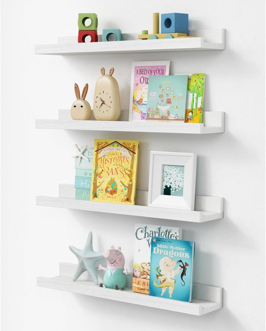 Forbena 24 Inch White Floating Shelves for Wall Set of 4, Wood Nursery Book Shelves for Kids Bedroom, Long Picture Ledge Shelf with Lip for Living Room Bathroom Office and Baby Wall Bookshelf (23.1 Inch)