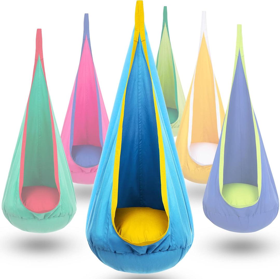 Y- STOP Kids Pod Swing Chair, Hanging Hammock Chair with Inflatable Pillow, Sensory Pocket for Outdoor and Indoor, Max 176Lbs (Blue Yellow)
