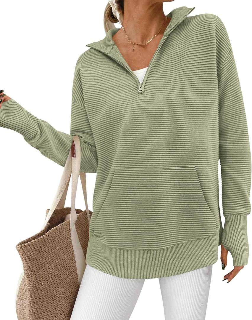 BTFBM Sweaters for Women Fall Clothes 2026 Pocket Quarter Zip Pullover V Neck Long Sleeve Knit Trendy Winter Sweater (X-Large, Light Green)