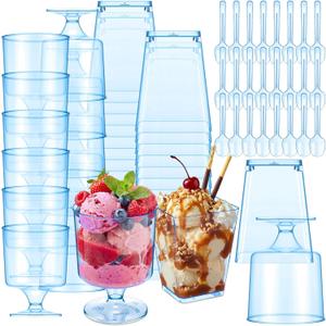 100 Pcs Dessert Cups with Spoons Mini Clear Plastic Dessert Parfait Cup Round Goblet Square Glasses Plastic Spoons for Fruit Ice Cream Cake Wedding Bridal Shower Party Supplies (Blue)