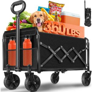 Wagons Carts Foldable, Collapsible Wagon, Foldable Wagon Cart with Wheels, Folding Wagons for Beach Camp Sports Garden, 2 Cup Holders/Lightweight Portable/Black/360 LBS