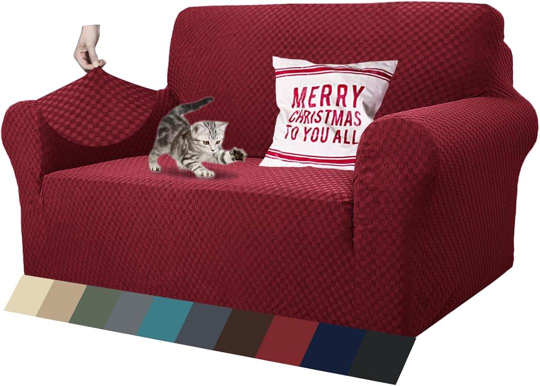ZNSAYOTX 1 Piece Jacquard Couch Covers for 2 Cushion Couch High Stretch Loveseat Slipcover for Pets Dogs Anti Slip Love Seat Sofa Slipcover Furniture Protector (Loveseat, Burgundy) (Medium (55"-69"))