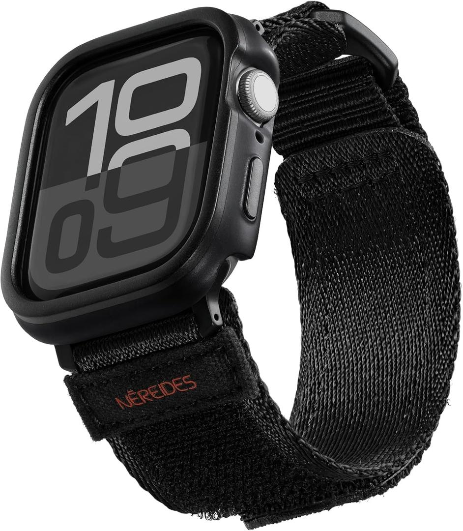 Rugged Case with Band for Apple Watch Series 10 Band 46mm, Hook and Loop Nylon Sport Strap with Case for Iwatch Men (Black) (46mm, Black)
