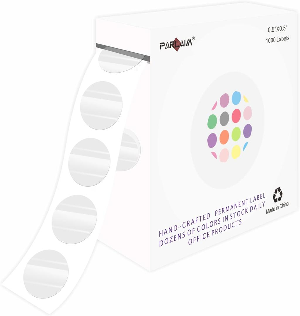 PARLAIM 0.5 inch Round Clear Circle Dot Sticker, 1000pcs Transparent Adhesive Label for Envelope, Cosmetic Box, Gift Bag, Translucent Wafer Package Seals