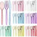 Zhehao 405 Pcs Hard Plastic Utensils Plastic Silverware Set Cutlery Set Disposable Flatware Dinnerware Forks 135 Spoons and Knives Birthday Wedding Party Dinner(Glitter,Rainbow Colors)