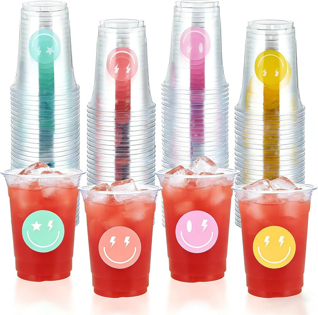 100 Pcs Smile Face Plastic Cups 16 oz Pastel Smile Face Disposable Cups Cute Pastel Clear Disposable Plastic Tumblers for First Birthday Birthday Baby Shower Party Supplies Beverage Drinking
