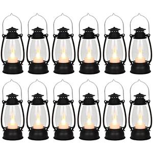 Reperla 11Pcs Mini Lantern for Cowboy Halloween Christmas Wedding, Black 6" Candle Lantern with Flickering LED for Camping Western Party Decorations, Table Centerpiece, Hanging Lamp Ornaments Bulk
