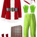 Santa Costume Adult.Christmas Costume 7pcs Suit With Green Monster Mask and Red Hat.Christmas Gift Box Packaging
