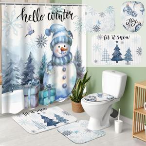 4 Pcs Christmas Shower Curtains Set with Non Slip Rug Winter Christmas Bathroom Decor Toilet Lid Cover and Bath Mat Snowman Shower Curtain with 12 Hooks for Xmas Bathroom Decor(White,Fresh)