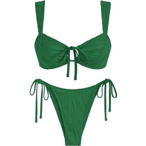 ZAFUL Women's Cinched Bikini Solid Color Wave Textured Knotted Tied Side Two Piece Swimsuit Bathing Suits (Deep Green, S)