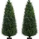 Two 4ft Artificial Plants Topairy Faux Cedar Trees for Outdoor Planters, 48IN Tall Fake Pine Bushes UV Resistant Large Potted Shrubs for Front Porch Dcor