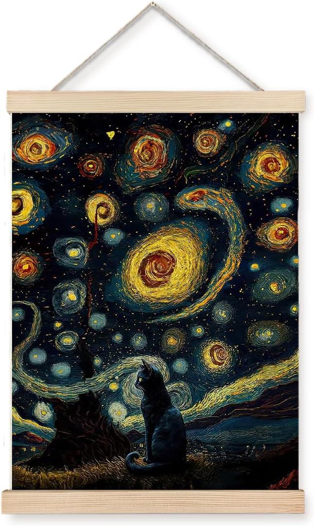 YTRGI Black Cat Wall Art Poster Framed, Starry Night Black Cat Room Decor Aesthetic, Gifts for Cat Lovers, Cats Wall Art for Officer Girly Home Bathroom Bedroom Dorm Decor, 12x16 Inches (Blue)