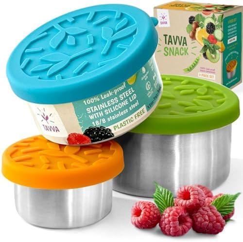 TAVVA Stainless Steel Lunch Containers for Kids [12oz/ 7oz/ 3oz] - BPA-Free Metal Lunchbox with Leakproof Silicone Lids - Lunch Box for Kids - Small Snack Food Containers with Lids - Dishwasher Safe, 1 Pcs