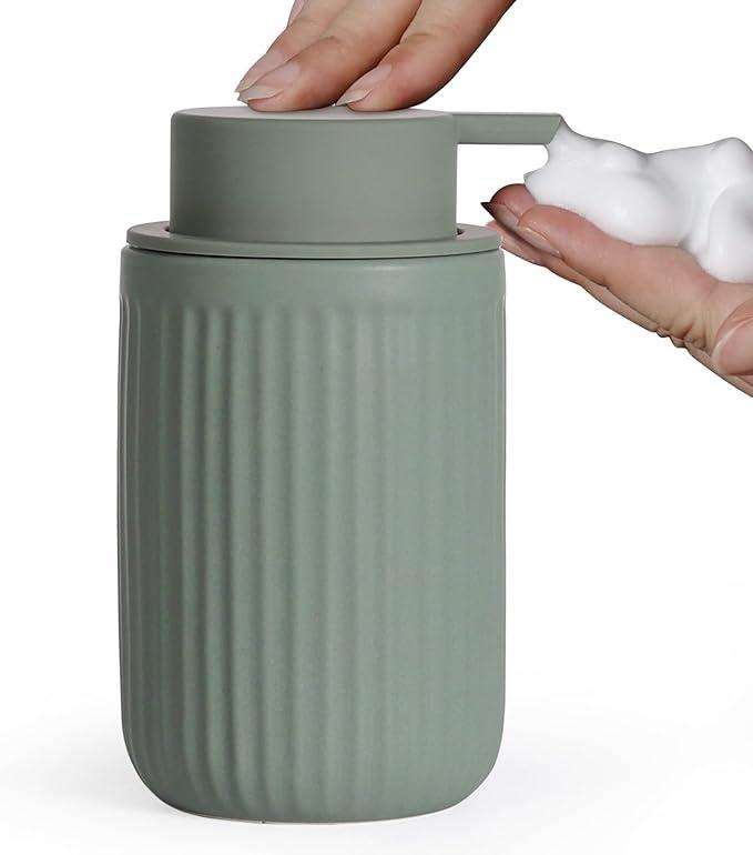 INGOFIN Ceramic Lotion Dispenser - 12oz Refillable Hand Soap Dispenser Bathroom, Modern Liquid Dispenser with Pump, Dish Dispenser for Kitchen, Matte Green