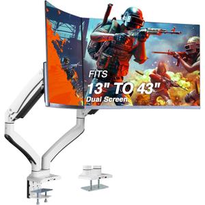 AVLT Dual 13"-43" Monitor Arm - Desk Mount for Two Flat/Curved Monitors - Full Motion Height Swivel Tilt Rotation Adjustable - White/VESA/C-Clamp/Grommet/Cable Management (White-Mount)