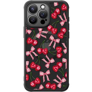 FUNMIKO for iPhone 15 Pro Case Wireless Charging & Military-Grade Protection - Cute Floral Design for Women Girls, Non-Slip Matte Cover with Shockproof Corners - Cherry and Bows