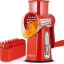 SUSTEAS Rotary Cheese Grater with Handle - Vegetable Shredder with 5 Well-designed Blades & Strong Suction Base,Round Mandoline Slicer & Food Chopper for Kitchen,with Blade Storage Box(Red)