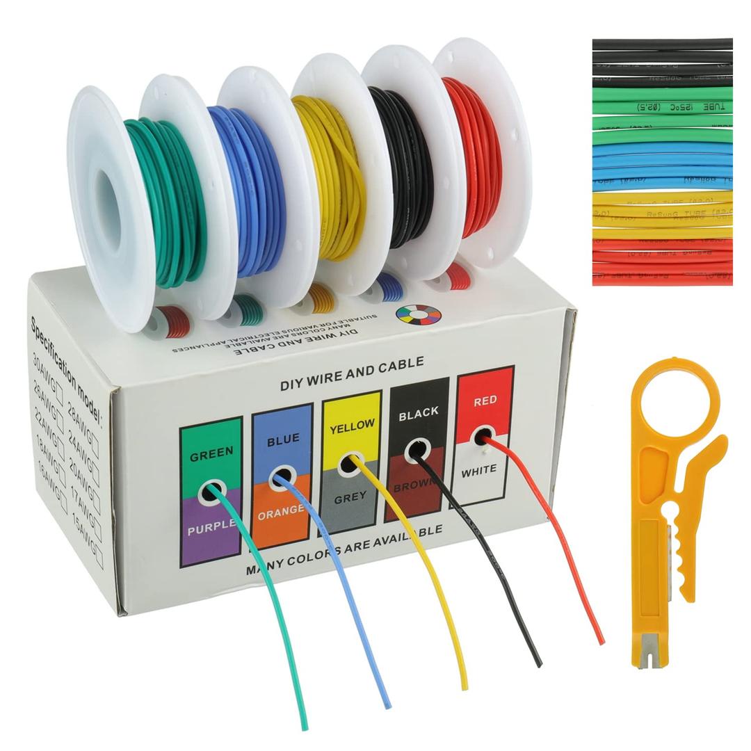 BOJACK 24 AWG Flexible Silicone Wire Electric Wire Hook up Wire Kit 300V Cables with Plus 20 3mm Heat Shrink Tubings and a Mini Wire Stripper(5 Colors 19.69Ft Each Color, 24AWG)