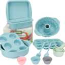 25 PCS Silicone Baking Pans Set, Nonstick Bakeware Sets with Round/Square Cake Pans, Muffin Pan, Baking Cups and Spoons for Bread, Cupcakes and Desserts (01-Blue)
