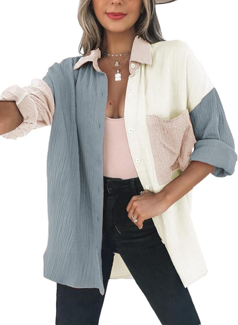 Dokotoo Womens Color Block Button Down Shirts Long Sleeve Oversized Boyfriend Blouses Tops